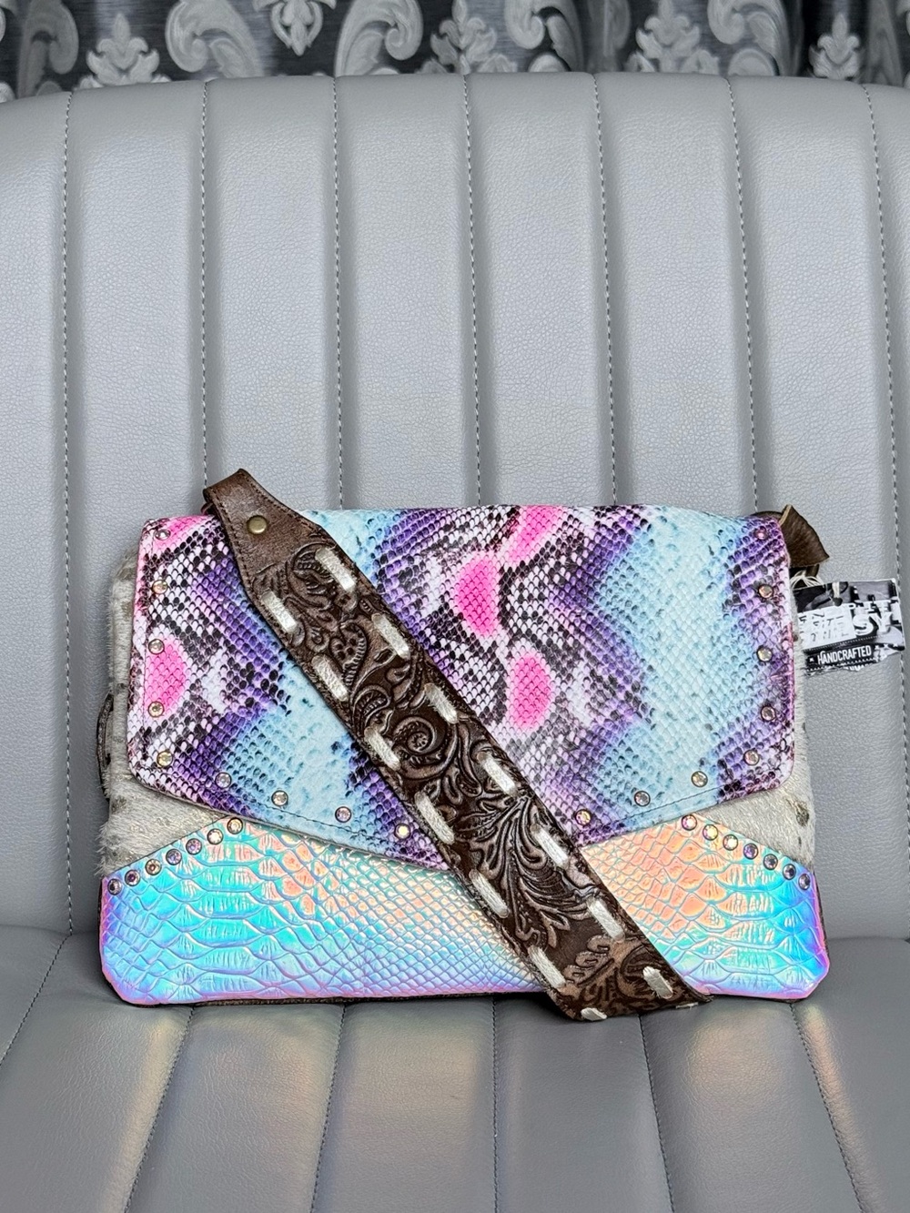 Iridescent Crossbody Bag Mermaid Tail Acid Washed Hair on Hide Tooled Leather
